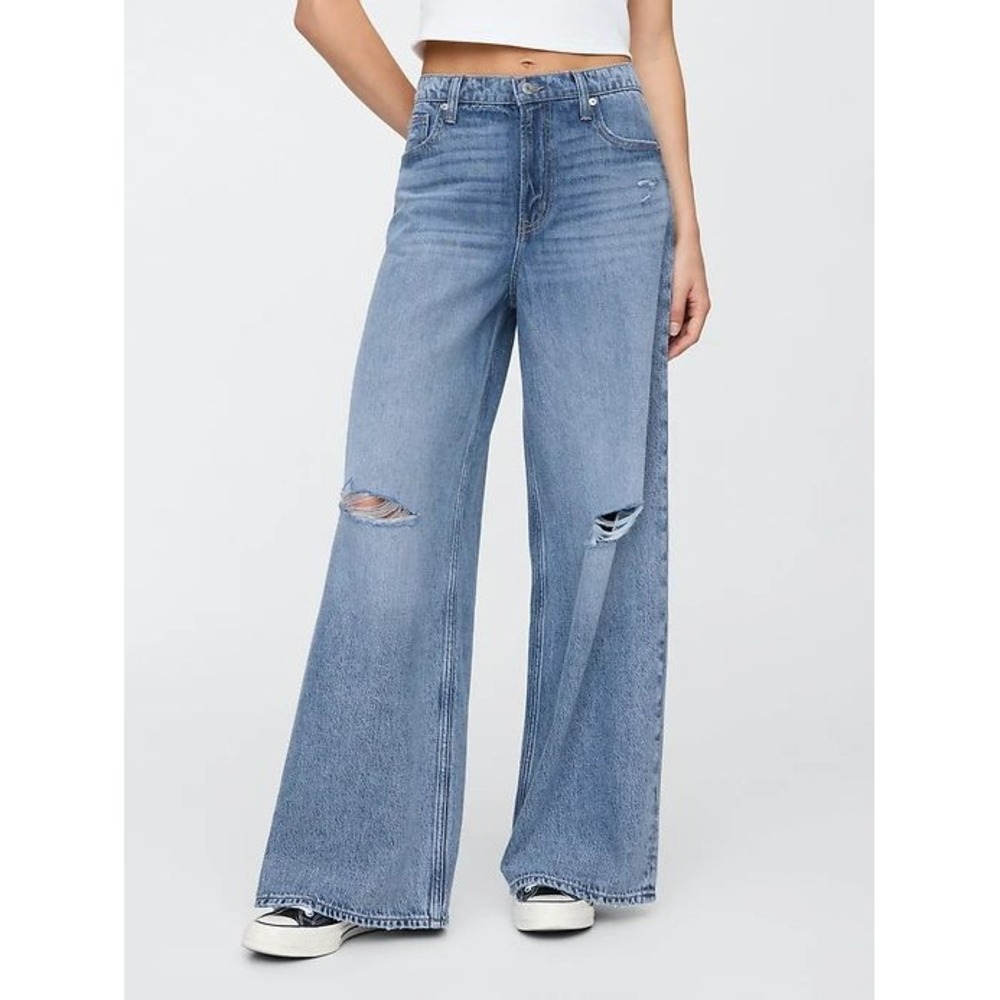 Gap 14 32 Mid Rise Destructed SuperSoft Baggy Jeans Medium Wash Denim 626631
